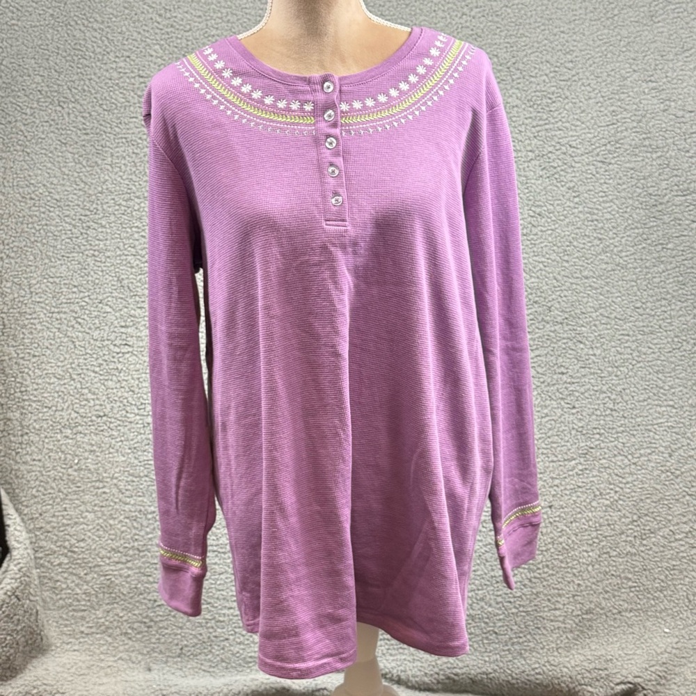 Blair Lavender Long Sleeve Henley with Embroidered Yoke